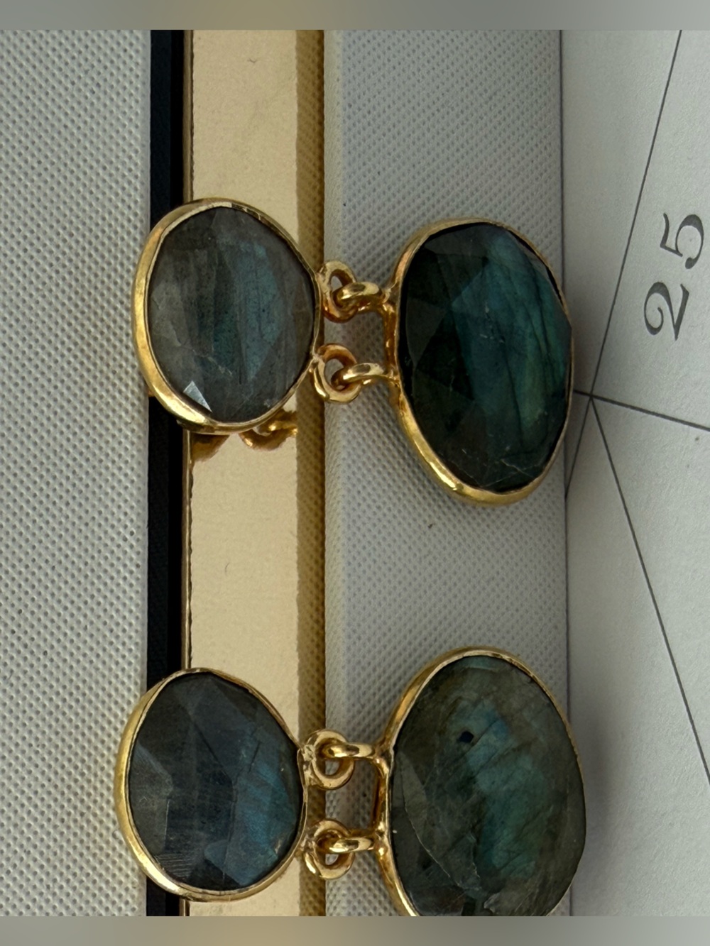 Gold-Tone Labradorite Double Drop Earrings - Dark Green Blue